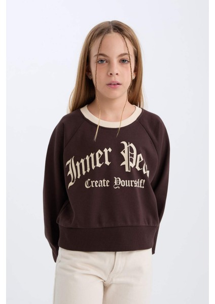 Kız Çocuk Relax Fit Bisiklet Yaka Baskılı İçi Yumuşak Tüylü Sweatshirt D7042A824WN modelleri