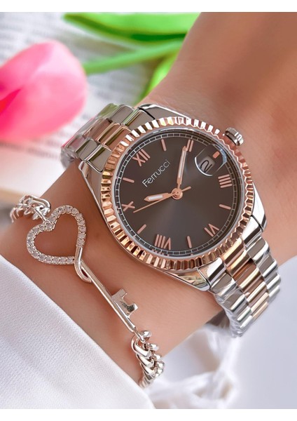 Çelik Kordon Takvimli Kadran 30 mt Suya Dayanıklı Kadın Kol Saati+Bileklik BGF.1.13016.4