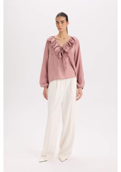 Regular Fit Fırfırlı V Yaka Basic Düz Uzun Kollu Bluz E3393AX24WN fiyatları