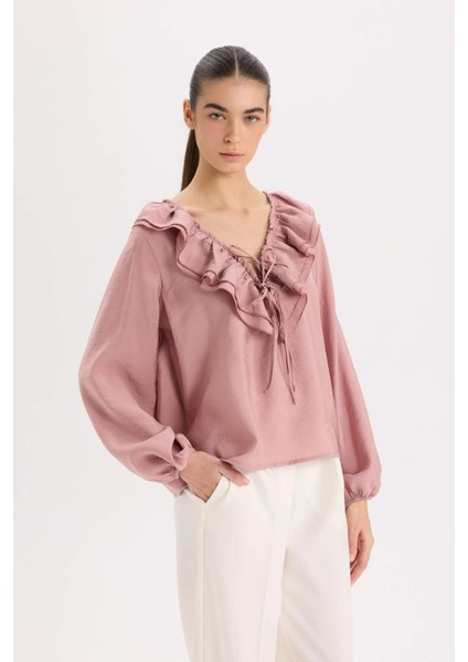 Regular Fit Fırfırlı V Yaka Basic Düz Uzun Kollu Bluz E3393AX24WN modelleri