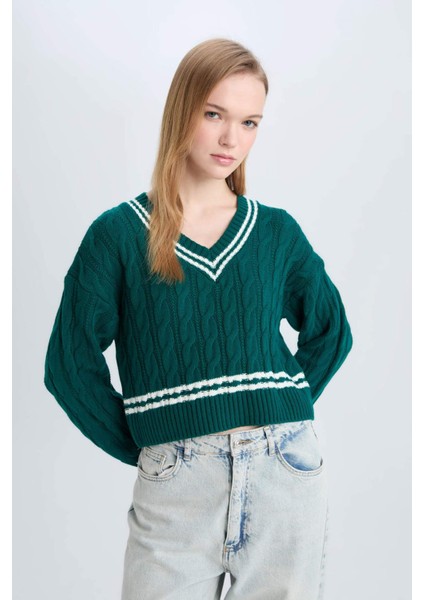 Coool Regular Fit V Yaka Saç Örgülü Çizgili Triko Kazak C7321AX24WN