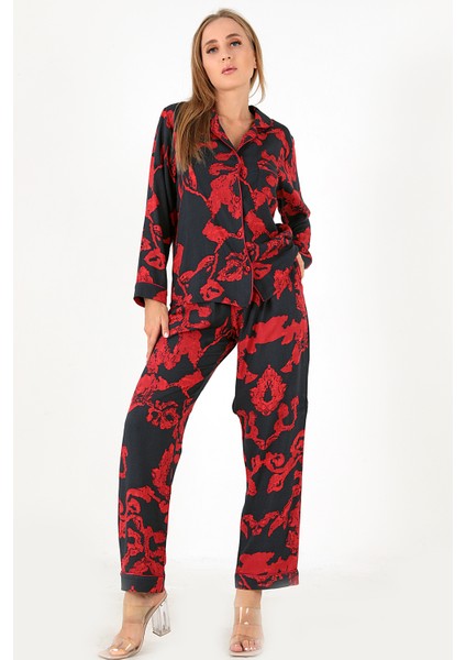 Red Flowers Uzun Kollu Kadın Pijama Takım