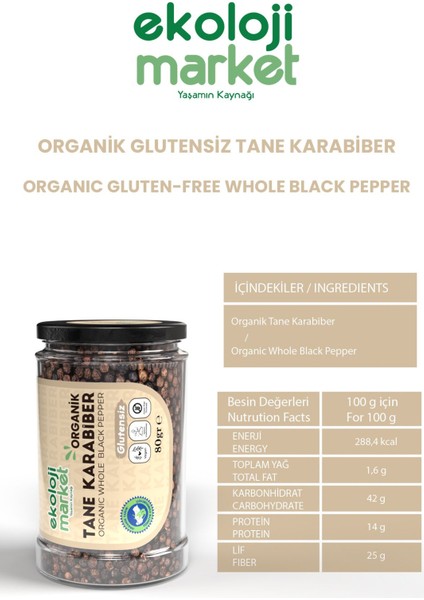 Organik Glutensiz Tane Karabiber 80 gr X2 / Organic Gluten-Free Whole Black Pepper 80 gr X2