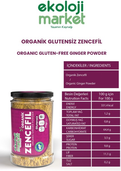 Organik Glutensiz Zencefil 70 gr / Organic Gluten-Free Ginger 70 gr