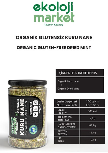 Organik Glutensiz Kuru Nane 30 gr X2 / Organic Gluten-Free Dried Mint 30 gr X2