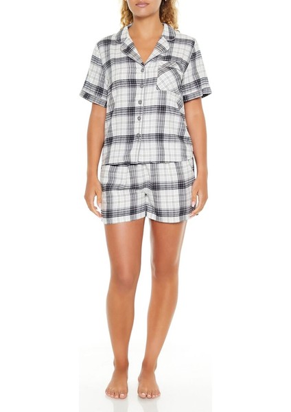 F21 Ekose Desenli Gömlek ve Şort Pijama Takımı