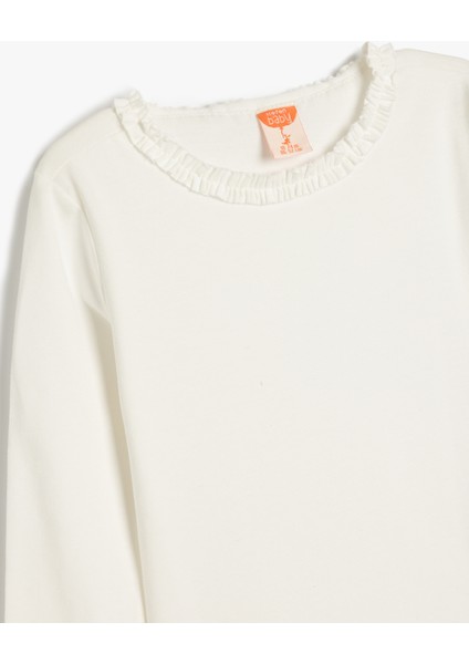 Basic T-Shirt Uzun Kollu Fırfır Detaylı Bisiklet Yaka Pamuklu