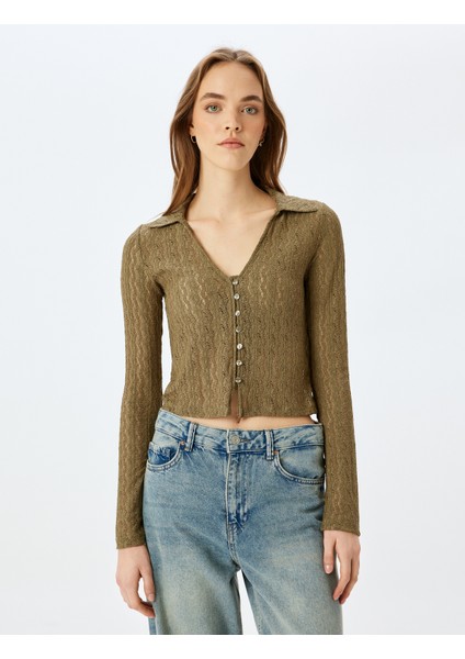 Polo Yaka Düğmeli Ajurlu Uzun Kollu Tişört modelleri