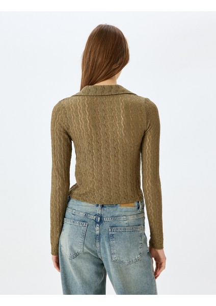 Polo Yaka Düğmeli Ajurlu Uzun Kollu Tişört fırsatları