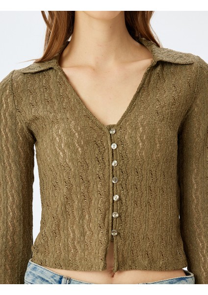 Polo Yaka Düğmeli Ajurlu Uzun Kollu Tişört indirimleri