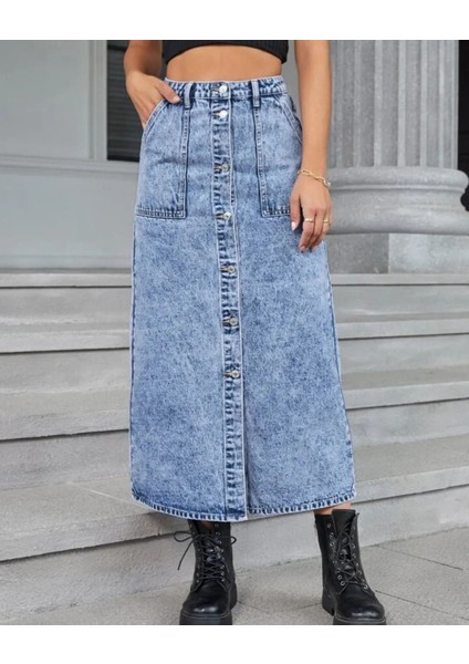 2102-ETK Kadın Likralı Önden Düğmeli Jeans Kot Denim Uzun Etek