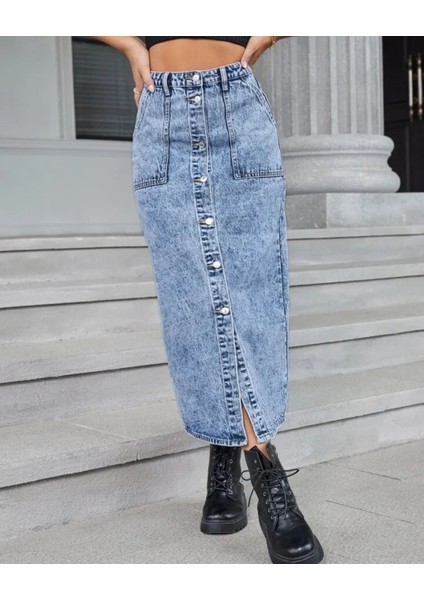 2102-ETK Kadın Likralı Önden Düğmeli Jeans Kot Denim Uzun Etek
