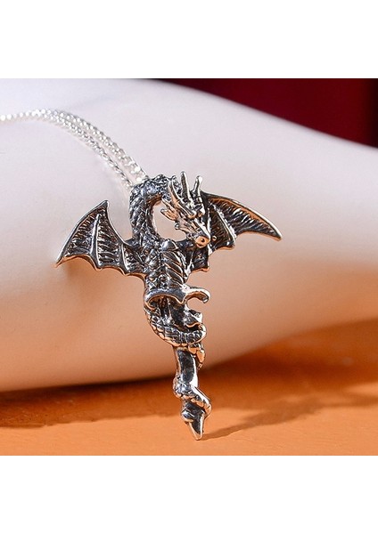 Gümüş Kılıçlı Ejderha Kolye 925 Ayar Gümüş Ejderha & Kılıç Figürlü Erkek Kolye