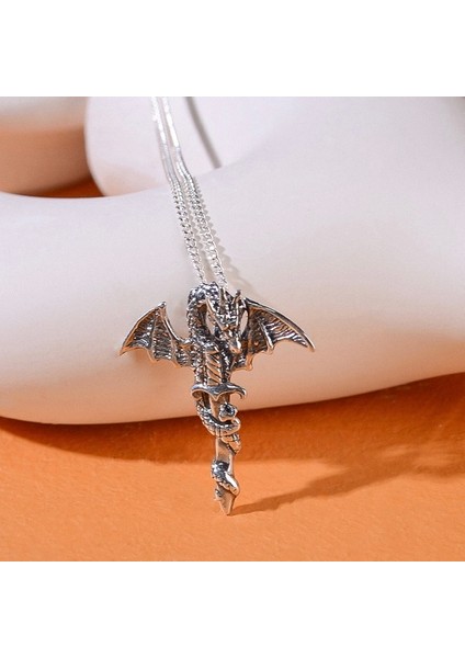 Gümüş Kılıçlı Ejderha Kolye 925 Ayar Gümüş Ejderha & Kılıç Figürlü Erkek Kolye modelleri