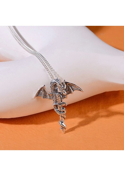 Gümüş Kılıçlı Ejderha Kolye 925 Ayar Gümüş Ejderha & Kılıç Figürlü Erkek Kolye indirimleri