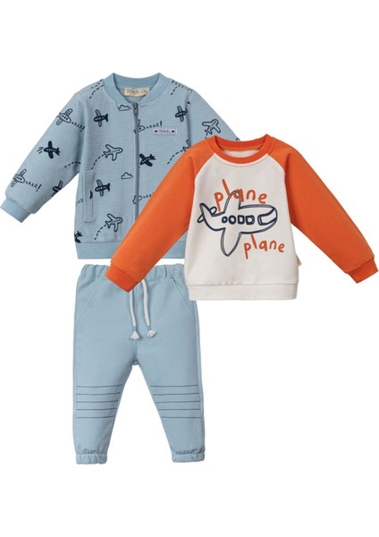 Erkek Bebek Mavi Uçak Baskılı Fermuarlı 3'lü Takım - 1014933