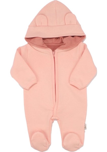 Kız Bebek Pembe Kulaklı Kapüşonlu Fermuarlı 3 Iplik Tulum - 1014939