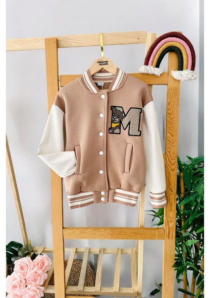 M Bear Panç Işleme Unisex Kolej ceket - Camel