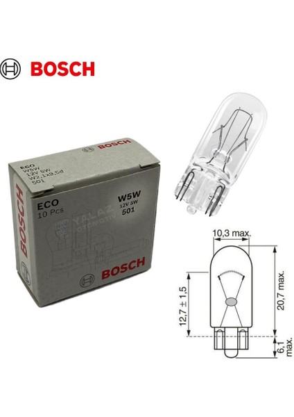 12V Dipsiz Ampul T10 5W Standart Eco (10 Adet)