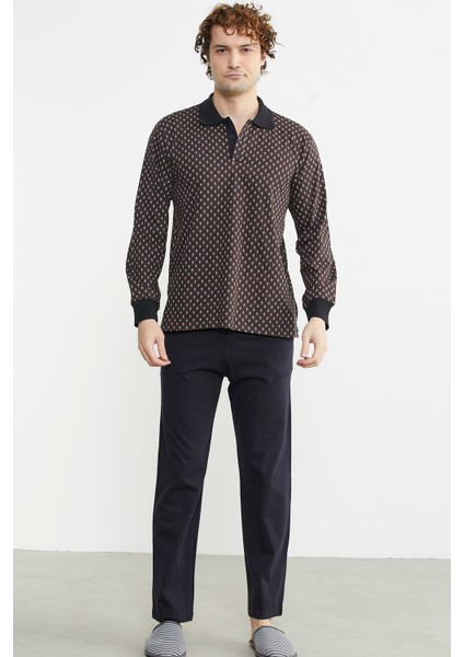 Polo Yaka Desen Kombinli Pijma Takım - Kahve