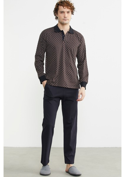 Polo Yaka Desen Kombinli Pijma Takım - Kahve modelleri