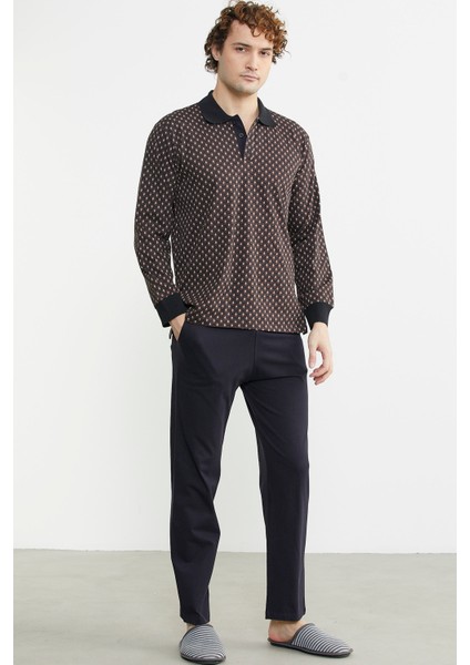 Polo Yaka Desen Kombinli Pijma Takım - Kahve fırsatları