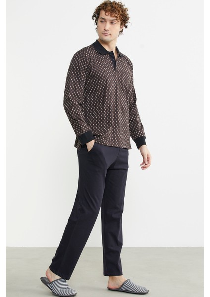 Polo Yaka Desen Kombinli Pijma Takım - Kahve indirimleri