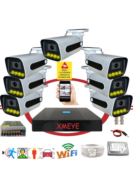 7'li Araç Yüz ve Insan Tanımalı Hareket Algılayan 5 Mp Lens 4 Warm LED Gece Renkli Gösteren Güvenlik Kamera Seti BS784W