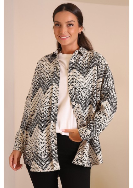 Zigzag Desenli Siyah Kadın Gömlek 32893-2K3 modelleri