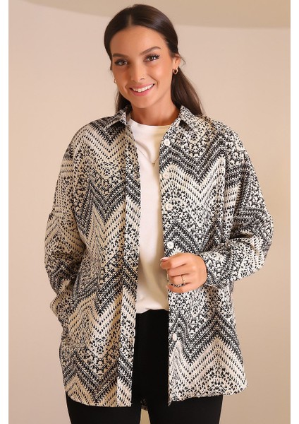 Zigzag Desenli Siyah Kadın Gömlek 32893-2K3 fırsatları