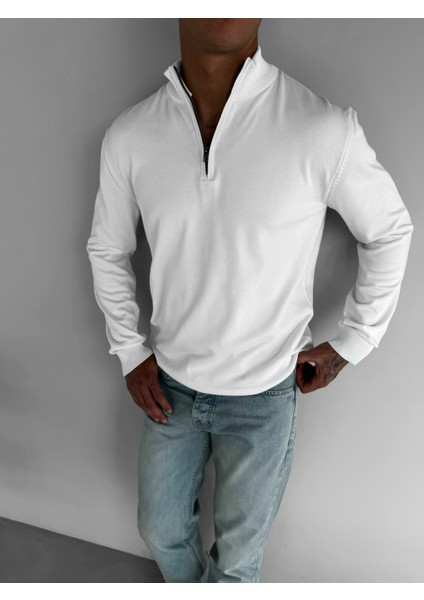 Erkek Yarım Fermuarlı Polo Yaka Kazak Ekru