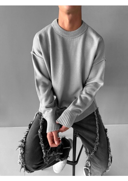 Erkek Oversize Basic Yuvarlak Yaka Pamuklu Kazak Gri