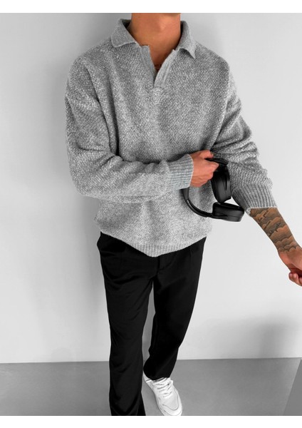 Erkek Oversize Dokulu Kazak Gri fiyatları