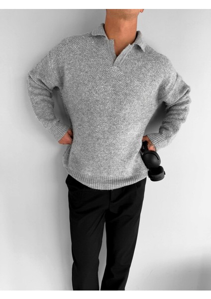 Erkek Oversize Dokulu Kazak Gri modelleri