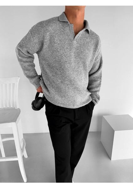 Erkek Oversize Dokulu Kazak Gri fırsatları