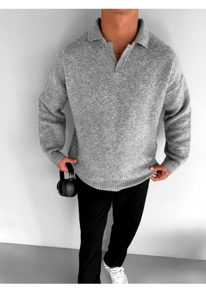 Erkek Oversize Dokulu Kazak Gri indirimleri