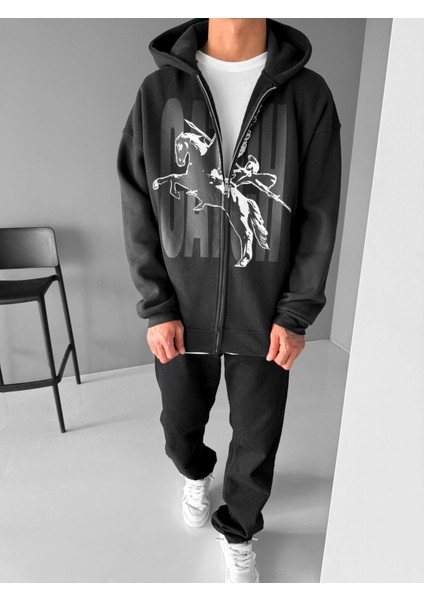 Erkek Oversize Baskılı Kapüşonlu Fermuarlı Sweatshirt Siyah