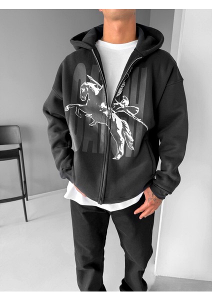 Erkek Oversize Baskılı Kapüşonlu Fermuarlı Sweatshirt Siyah