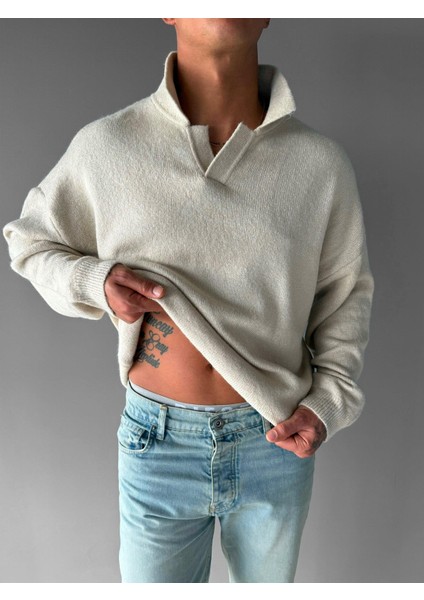 Unisex Polo Yaka Yumuşak Dokulu Oversize Kazak Taş