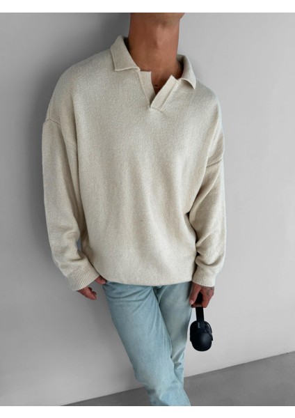 Unisex Polo Yaka Yumuşak Dokulu Oversize Kazak Taş