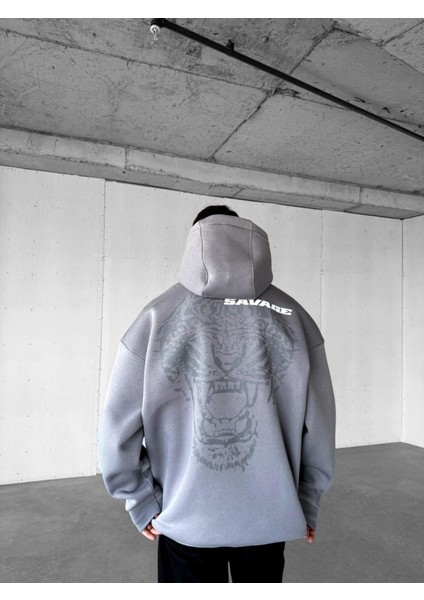 Erkek Oversize Savage Baskılı Premium Kapüşonlu Sweatshirt Gri