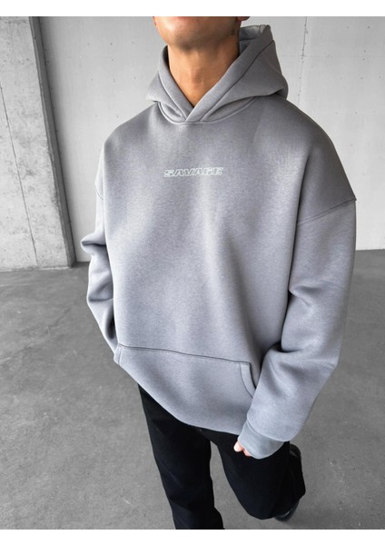 Erkek Oversize Savage Baskılı Premium Kapüşonlu Sweatshirt Gri