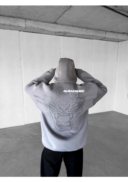 Erkek Oversize Savage Baskılı Premium Kapüşonlu Sweatshirt Gri