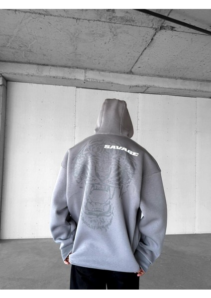 Erkek Oversize Savage Baskılı Premium Kapüşonlu Sweatshirt Gri