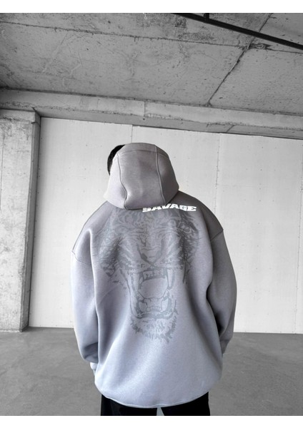 Erkek Oversize Savage Baskılı Premium Kapüşonlu Sweatshirt Gri
