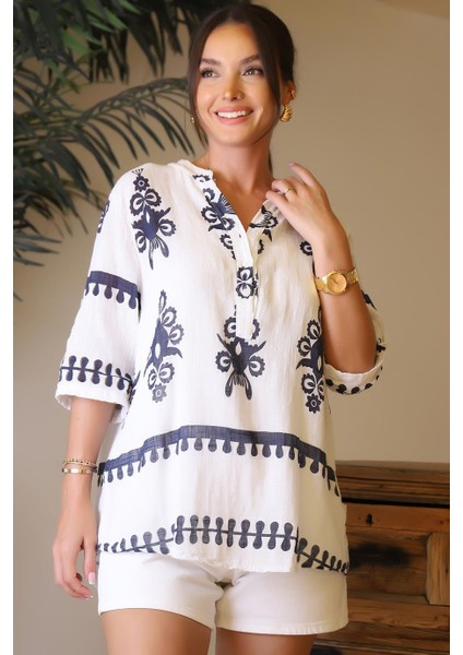 Hakim Yaka Ekru Kadın Gömlek 226-2Y4