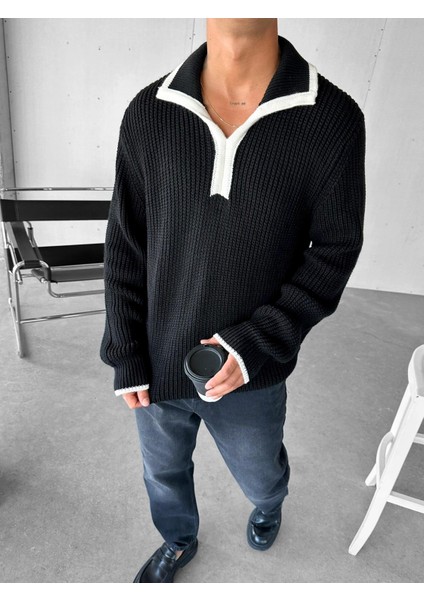 Erkek Oversize Desenli Dik Yakalı Ağır Kazak Siyah