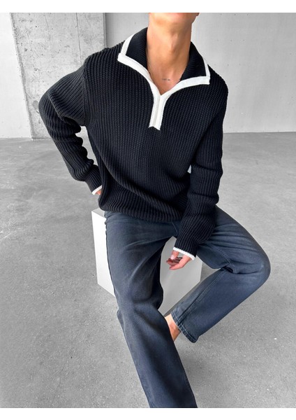 Erkek Oversize Desenli Dik Yakalı Ağır Kazak Siyah fiyatları