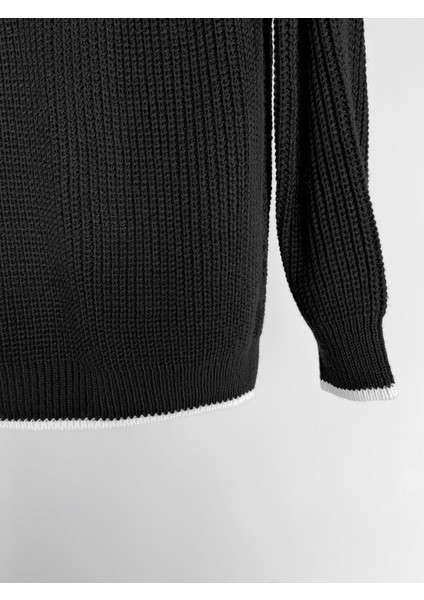 Erkek Oversize Desenli Dik Yakalı Ağır Kazak Siyah fırsatları