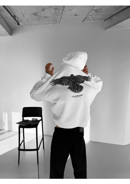 Erkek Oversize Raven Baskılı Premium Kapüşonlu Sweatshirt Ekru